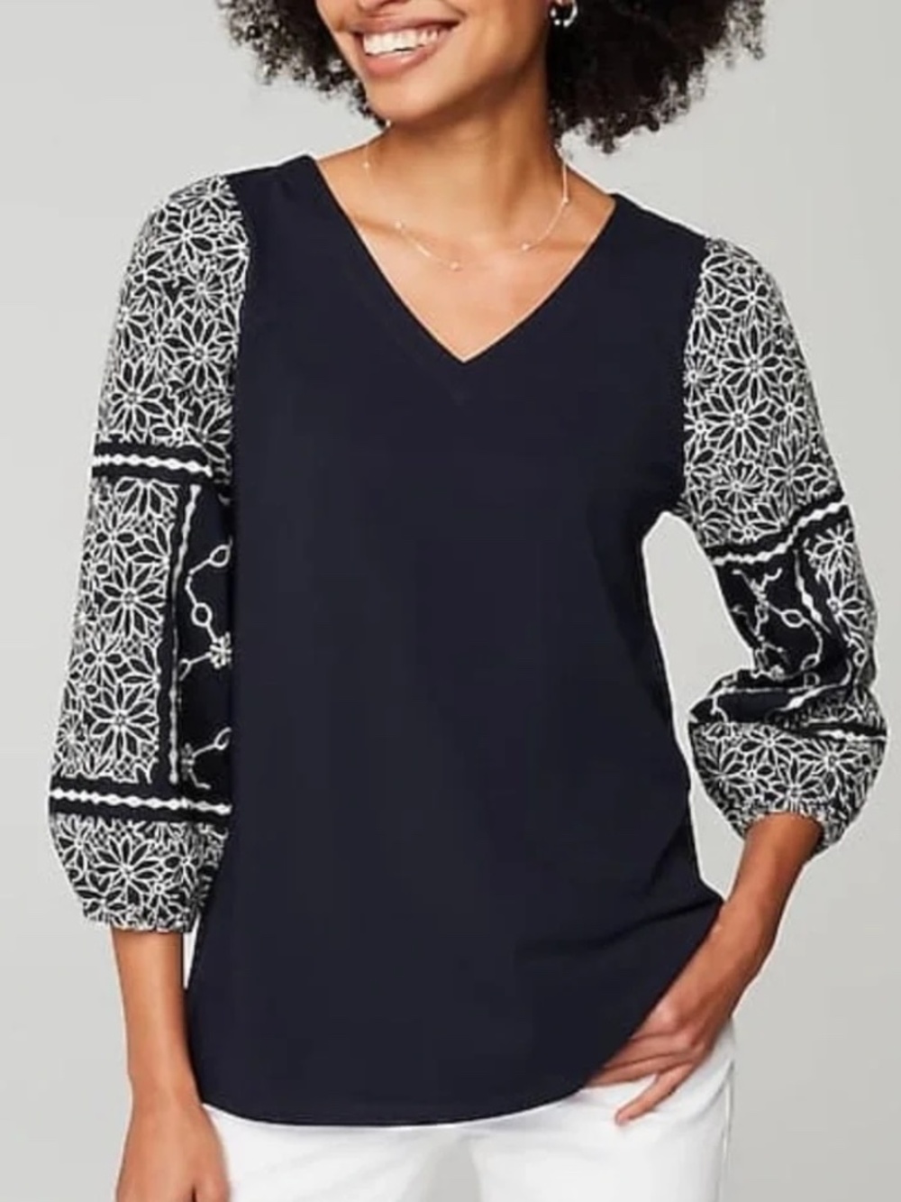 J. Jill Mixed-media Embroidered Balloon Sleeves V-Neck Top XL Navy Blue, cream